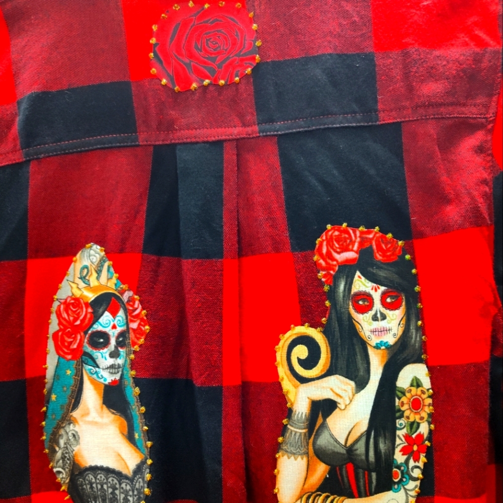 Upcycled Old Navy Womens Flannel.  Features "Corina" hand cut applique.